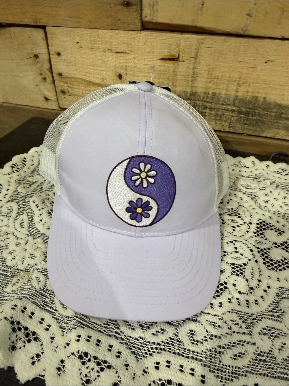 Life Is Good Lilac Trucker Hat with Purple & White Yin-Yang Flower Patch